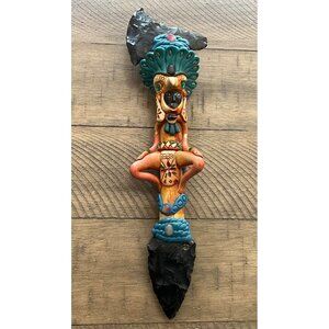 Vintage Mexican  Aztec Warrior Deity Obsidian Sacrifical Axe & Knife Gem Stones